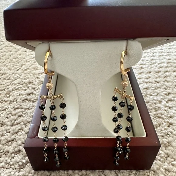 14KT Yellow Gold 3 Row Black Spinel Earrings - Picture 4 of 7